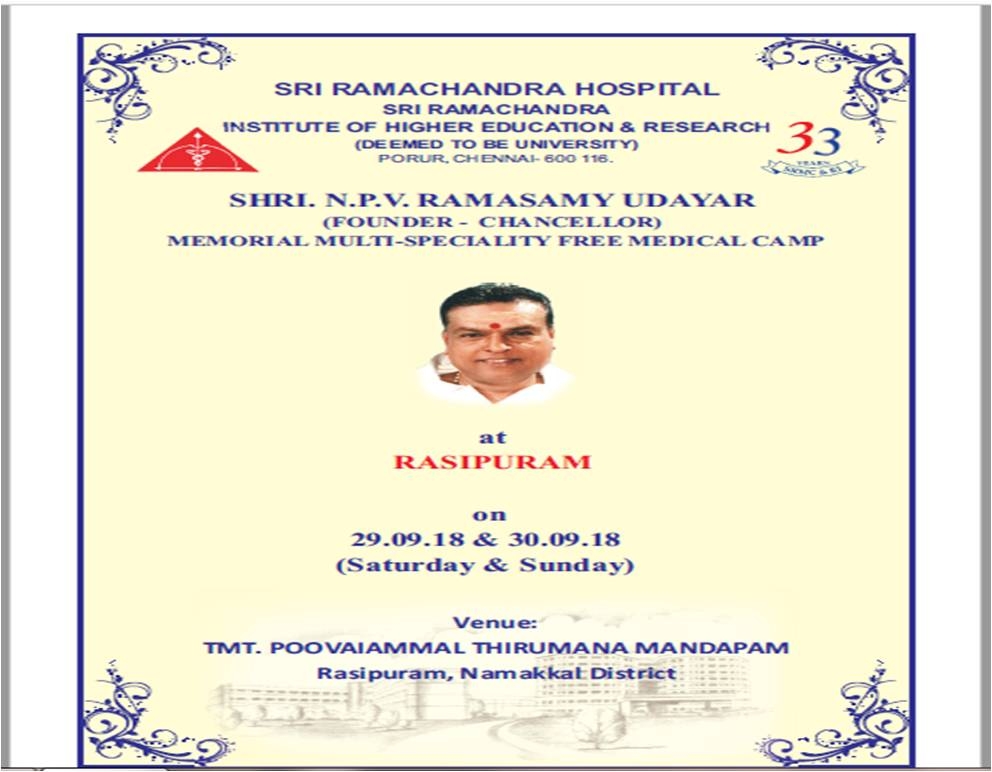 Shri.N.P.V Ramasamy Udayar Memorial Multi Speciality Free Medical Camp - Rasipuram, September 29th & 30th 2018